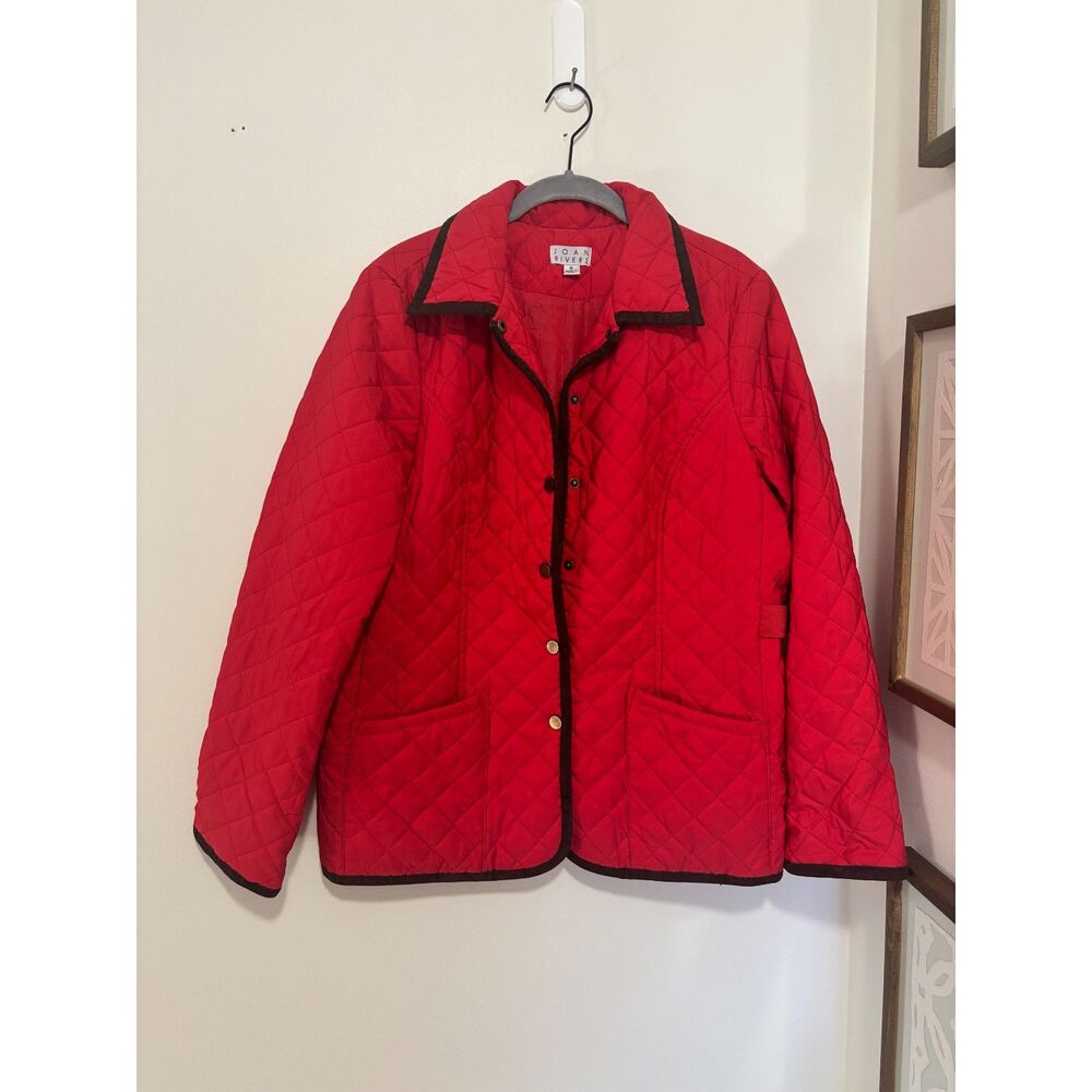 Joan Rivers Red Quilted Jacket Brown Trim‎ Snap Front Size M Equestrian Preppy